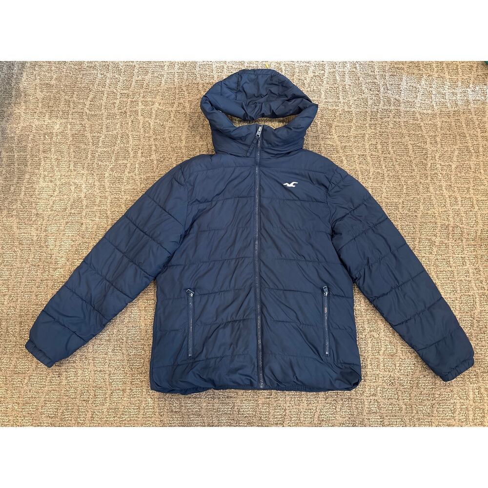 Hollister Navy Blue Hooded Puffer Jacket Sherpa Lined Size XS